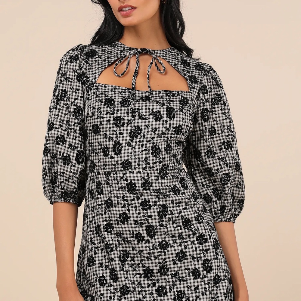 Persistent Poise Black Gingham Jacquard Tie-Neck Mini Dress
Lulus